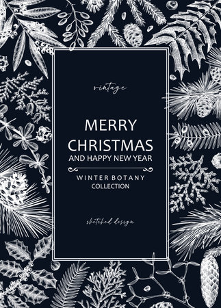 Merry Christmas card on chalkboard with evergreen plants, conifers, and nuts drawing. Winter design with hand-drawn botanical illustrations. Vintage Christmas background, New Year invitation templateのイラスト素材
