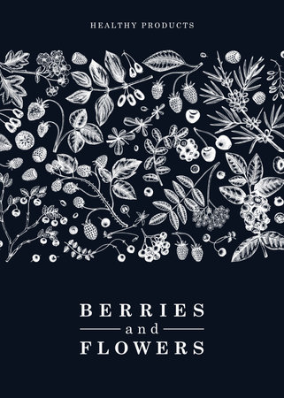Wild berries card or invitation on chalkboard. Hand drawn fruits and flowers vector frame design. vintage forest plant sketch. Summer berries - strawberry, raspberry, blackberry, blackberry, cherry.のイラスト素材