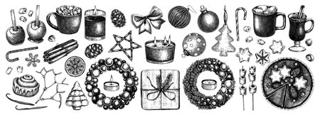 Christmas decoration - wreaths, gifts, sweets, Christmas tree decor, hot drinks and spices sketches. Vintage design elements for winter holyday. black and white. New Year greeting card or invitation.の写真素材