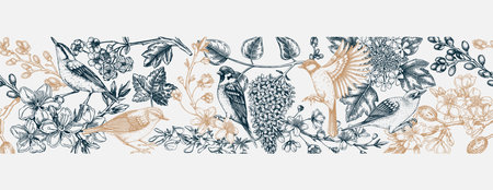 Spring seamless pattern in sketched style. Hand drawn birds, flowers, blooming branches ribbon. Almond, willow, rowan, currant, japanese quince, lilac, cherry blossom sketches vintage backgroundのイラスト素材
