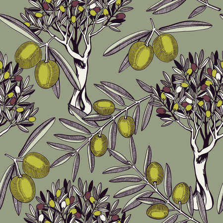 Olive tree background. Decorative twigs with leaves and olive fruit in color. Natural olive oil ingredient seamless pattern. Healthy food plant design for print or packagingのイラスト素材