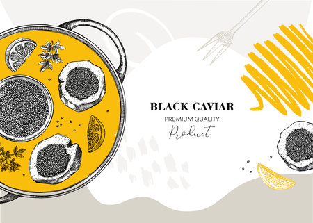Seafood delicacy banner in collage style for restaurant menu design. Hand-drawn tray with canned caviar, black caviar canape, lemons and spices illustrations. finger food sketched backgroundのイラスト素材