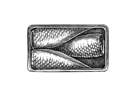 Hand drawn canned fish illustration. Herrings in olive oil vector drawing isolated on white background. Tinned herring food sketch. Tin can with seafood for restaurant menu or product designのイラスト素材