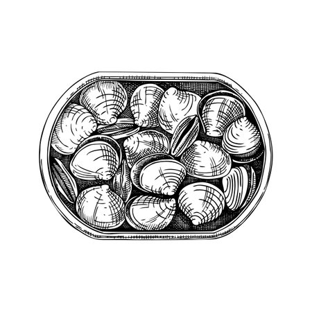 Canned clam shells in opened tin can illustration. Tinned seafood vector drawing. Hand drawn edible marine mollusks sketch isolated on vintage background. Shellfish for menu, recipes, logos, flyerのイラスト素材