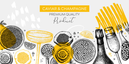 Caviar and champagne hand drawn illustrations collection. Hand drawn red caviar canape, canned black caviar, sparkling wine bottle, glasses sketches set. Seafood drawings isolated on white backgroundのイラスト素材