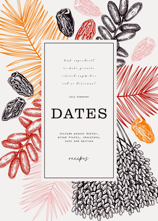 Sketched wreath design with date palm leaves and dried fruits illustrations in engraved style. Hand drawn vegan food ingredients vector background. Oriental sweets sketches - dried dates bannerのイラスト素材