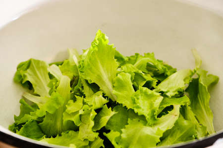 Fresh and tasty green salad in white bowlの写真素材