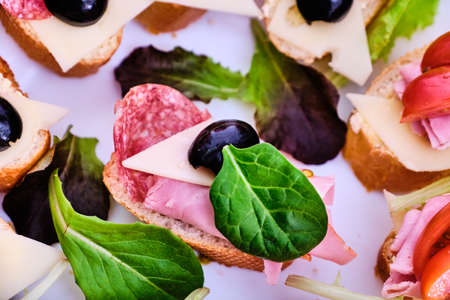 Tasty small sandwiches with ham and salami and vegetables on white plateの写真素材