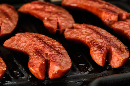 Tradition czech smoke-dried sausage spekacek sliced and cooked on grill