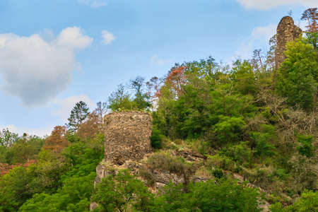 Tower and castle ruins Zboreny Kostelec surrounded by forest by Sazava River neat Tynec nad Sazavouの写真素材