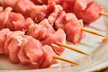 Preparing souvlaki - raw pork meat on sticks spiced on white plateの写真素材