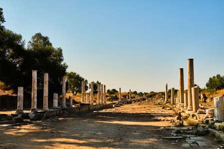 Ruins of ancient street woth columns in Side, Turkeyの写真素材