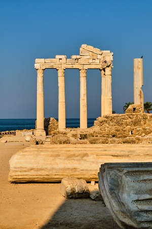Beautiful antic Appollo temple in town Side in Turkey in the morningの写真素材