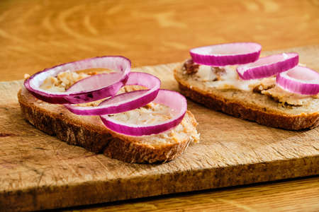 Tasty bread with lard, greaves and red onion rings on cutting board on wooden tableの写真素材