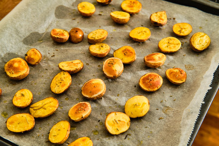 Roasted potatoes with olive oil and rosemary herb on baking paper on metal sheetの写真素材