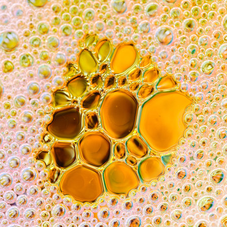Beautiful golden colored soap and oil colorful bubbles macro abstract detail