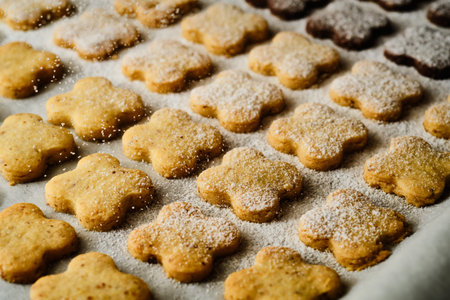 Tasty four leaf clover shaped christmas sweets with snowing sugar on cooking paper on baking tray