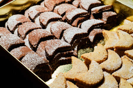 Tasty czech christmas cookies with sugar in metal boxの写真素材