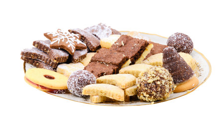 Tasty czech homemade Christmas cookies on plate isolated on white backgroundの写真素材