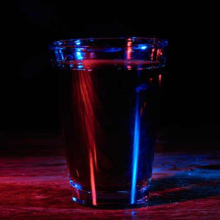 Glass with cola drink colored by lights on black backgroundの写真素材