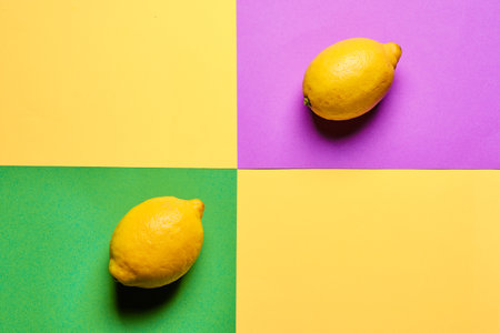 Modern still life flat lay with two lemon fruit on green, purple and yellow backgroundの写真素材