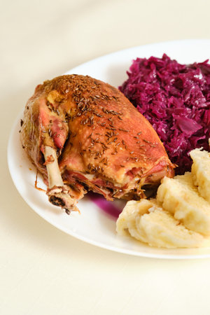 Tests Czech roasted duck with bread dumplings and red cabbage on white plateの写真素材