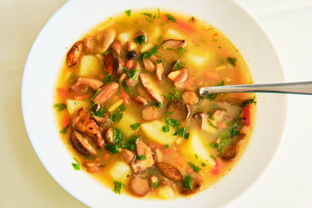Tasty mushroom soup with potatoes and parsley in white bowl top viewの写真素材