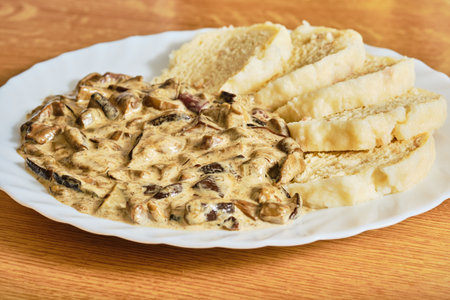 Tasty mushroom sauce with bread dumplings on white plateの写真素材