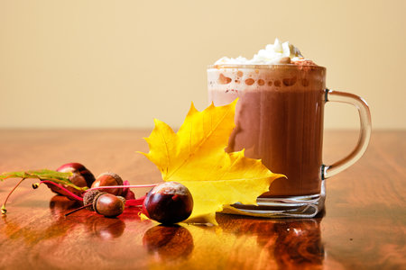 Hot tasty cacao drink with cream in glass cup in Autumnの写真素材