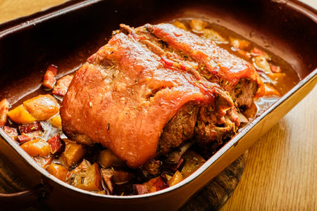Tasty roasted pork meat in cooking pot with applesの写真素材
