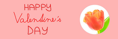 Pink Happy Valentines Day card with flowerの写真素材