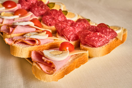 Homemade tasty Czech appetizer bread with hamの写真素材