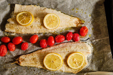 Tasty fish fillet with tomato and lemon on baking trayの写真素材