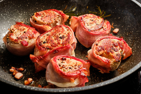 Preparing tasty pork fillet in dried ham on cooking panの写真素材