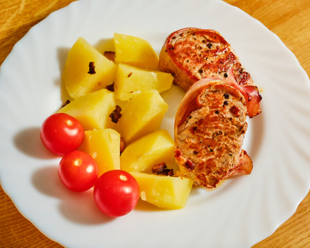 Tasty pork fillet in ham with boiled potatoes and red tomatoesの写真素材