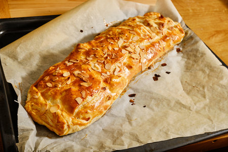 Tasty fresh hot apple strudel on baking trayの写真素材