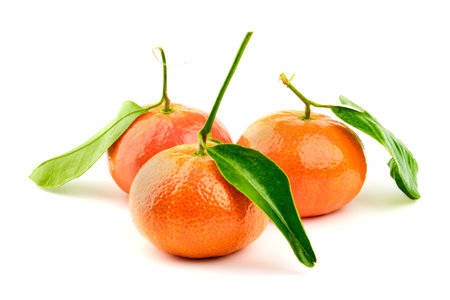 Three tangerine fruits with leaves isolated on white backgroundの写真素材