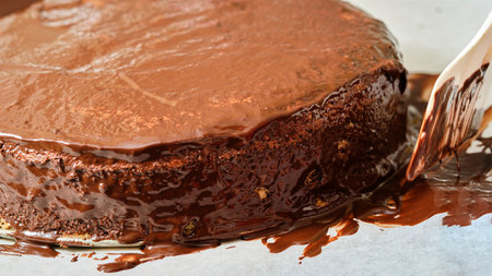 Preparing chocolate topping on whole cake on baking paperの写真素材
