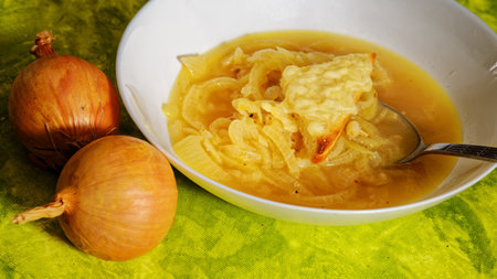 Tasty homemade onion soup on white plate on green backgroundの写真素材