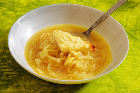 Tasty homemade onion soup on white plate on green backgroundの写真素材