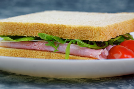 Tasty sandwich with ham, cheese and salad on white plate detailの写真素材