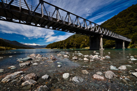 Under long alpine bridge. West Coast, South Island, New Zealand