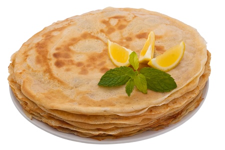 A crepe is a type of very thin pancake. It is very popular in France. Crepe may contain a variety of fillings. It can serve as main meal or a dessert. Image is isolated on white background, contains clipping path.の写真素材