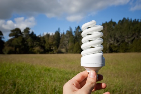 Energy saving light bulb with nature background.の写真素材