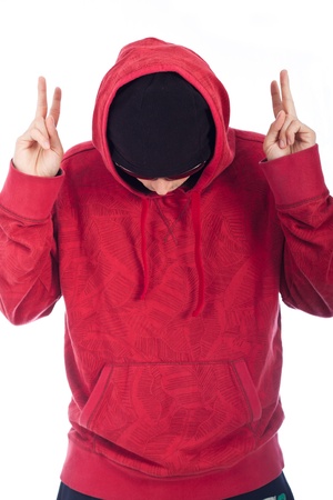 Hip Hop man in red hoody posing on white background.の写真素材