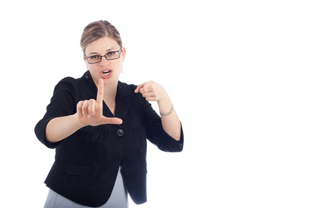 Young woman gesturing, you are a loser. Isolated on white background.の写真素材