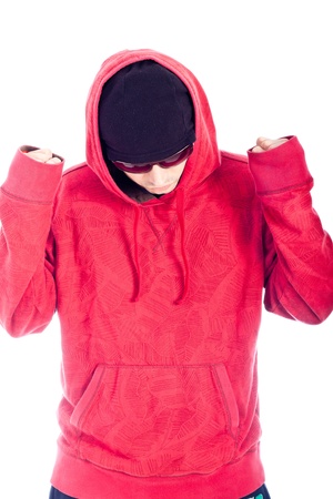 Hip Hop dancer in red hoody posing on white background.の写真素材