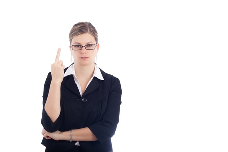 Angry woman rude gesturing with finger, isolated on white background.の写真素材