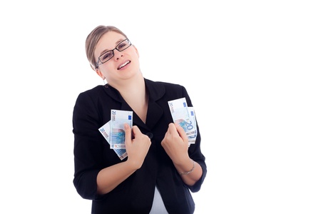 Happy business woman holding Euro banknotes, isolated on white background.の写真素材