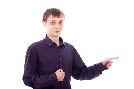 Funny nerd man pointing, isolated on white background.の写真素材
